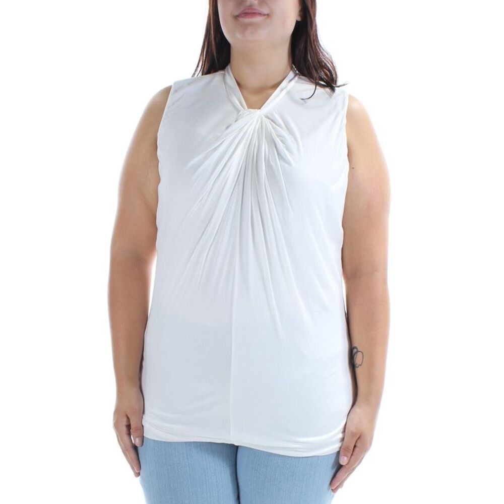 FAME AND PARTNERS Womens White Gathered Sleeveless Jewel Neck Top Size: 6